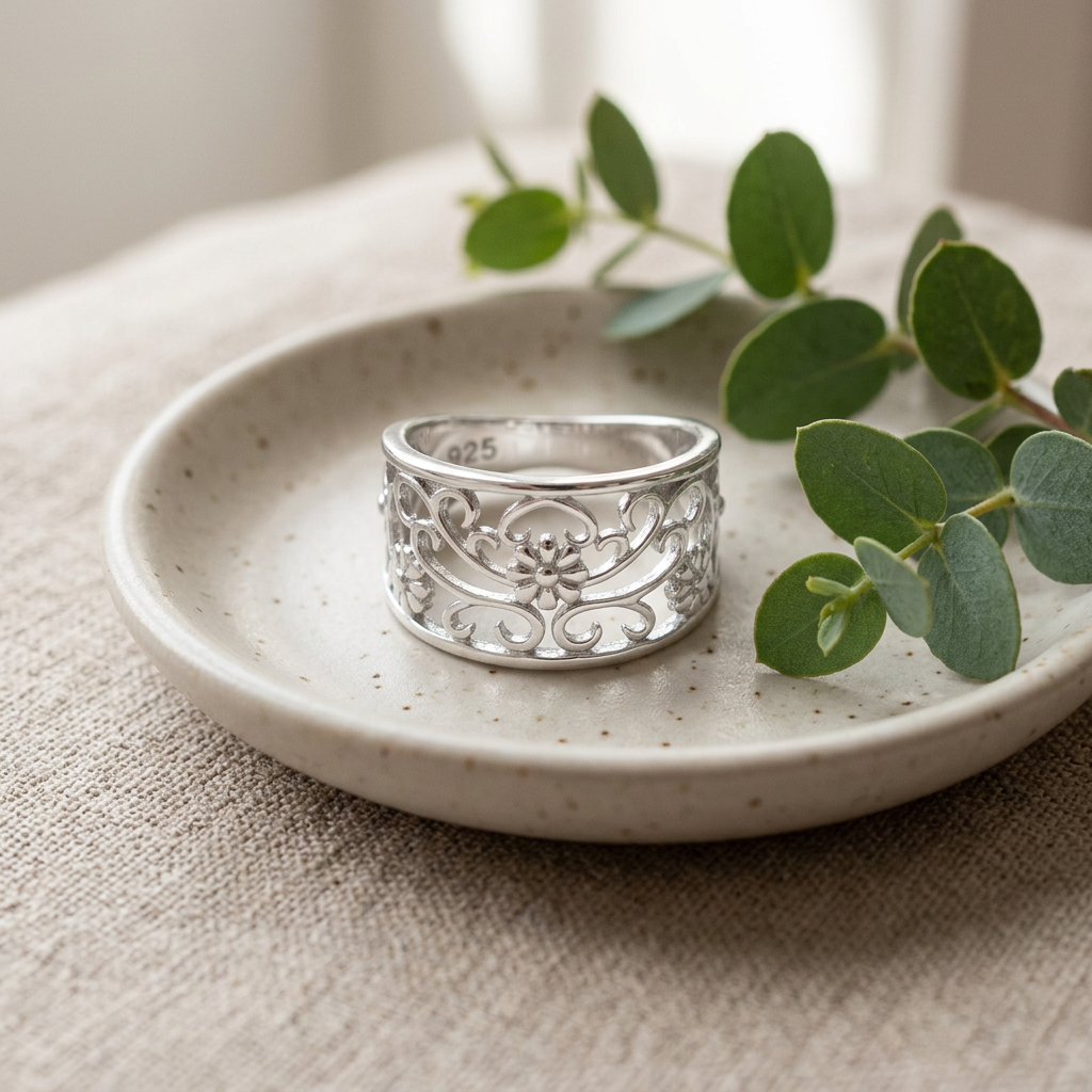 Sterling Silver 5.1mm Openwork Daisy and Heart Scroll Filigree Band Ring for Women life2