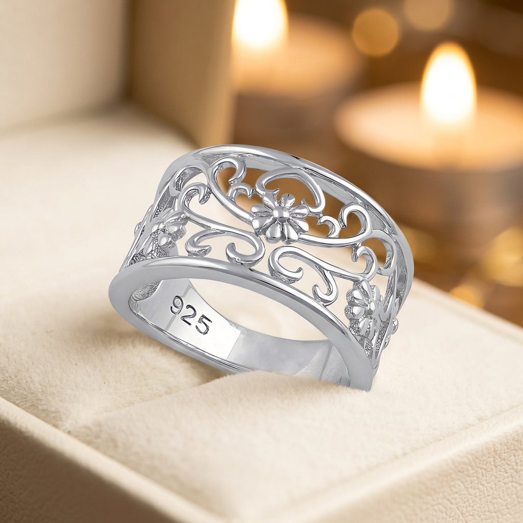 Sterling Silver 5.1mm Openwork Daisy and Heart Scroll Filigree Band Ring for Women life3
