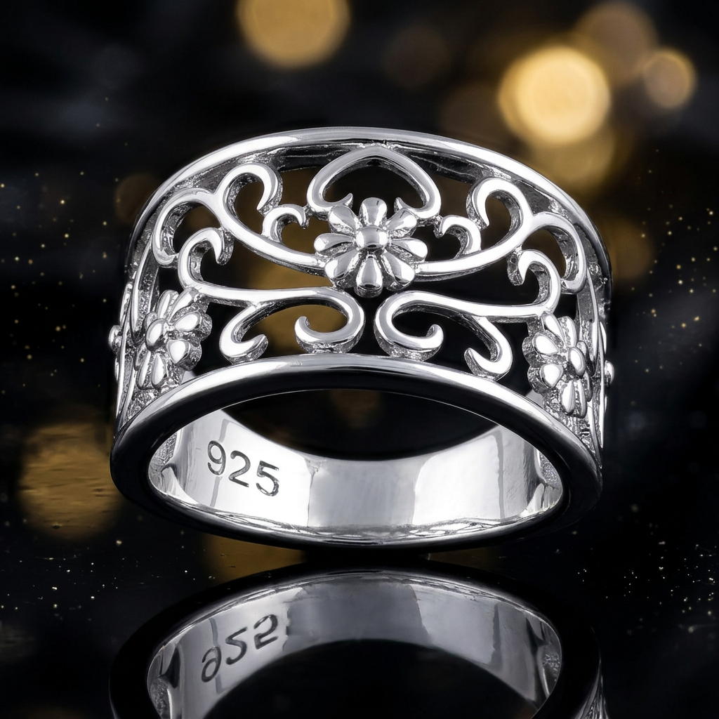 Sterling Silver 5.1mm Openwork Daisy and Heart Scroll Filigree Band Ring for Women life4