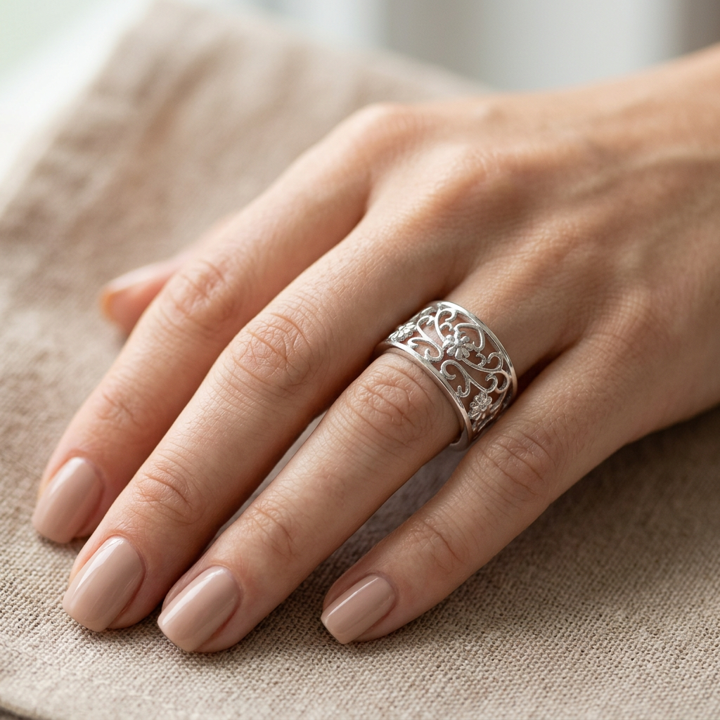 Sterling Silver 5.1mm Openwork Daisy and Heart Scroll Filigree Band Ring for Women model