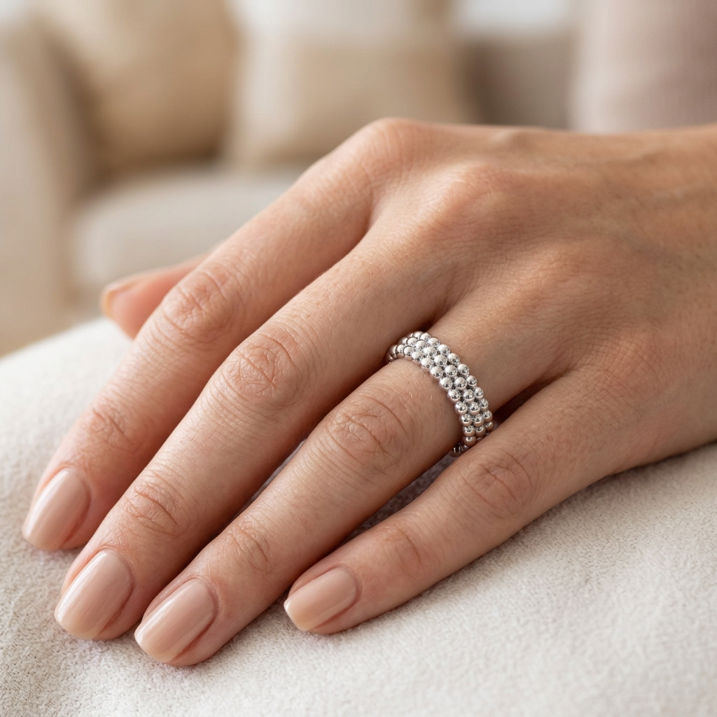 Sterling Silver 3.2mm Triple Row Bead Pebble Eternity Band Ring for Women model
