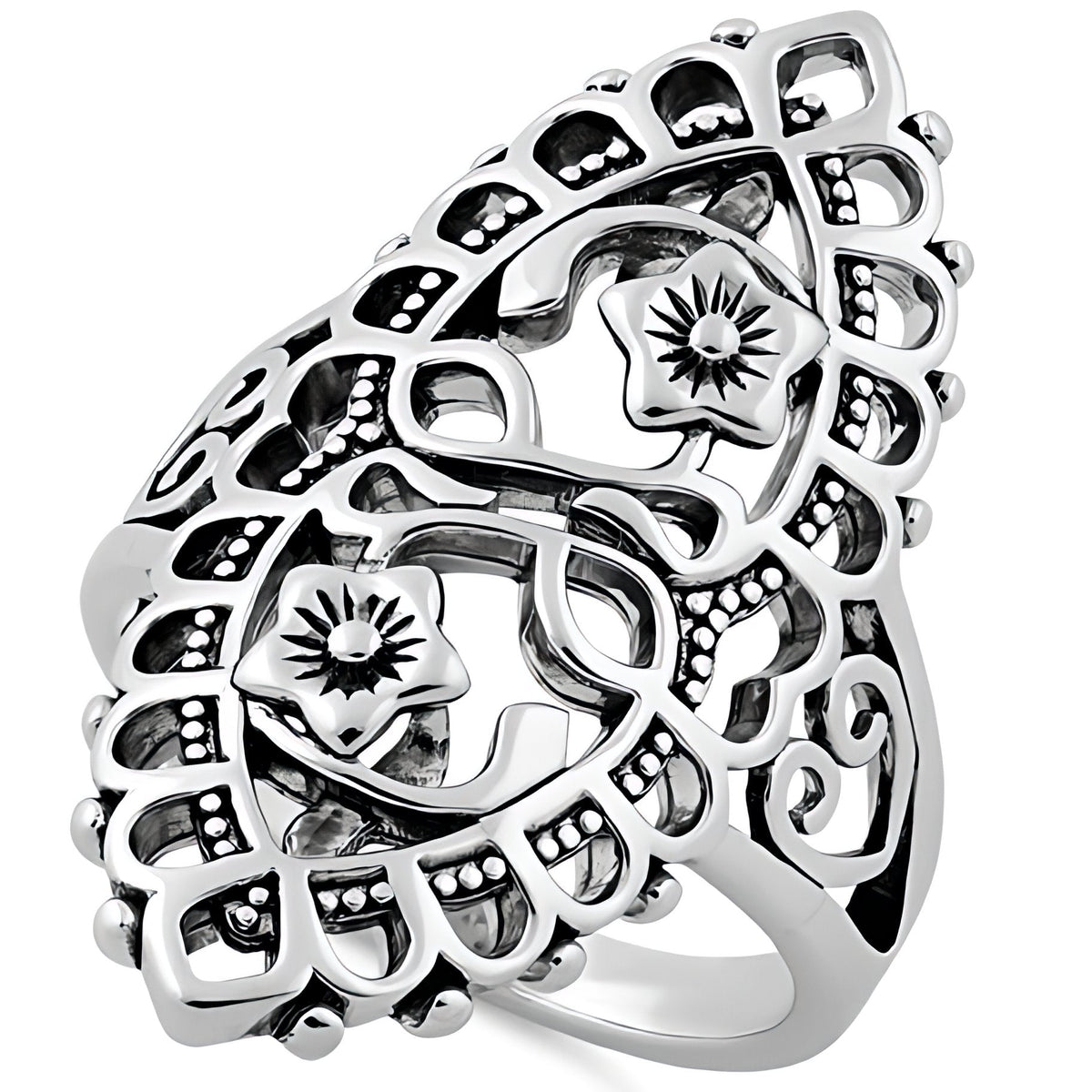 Sterling Silver Oxidized Filigree Shield Twin Flower Statement Ring for Women