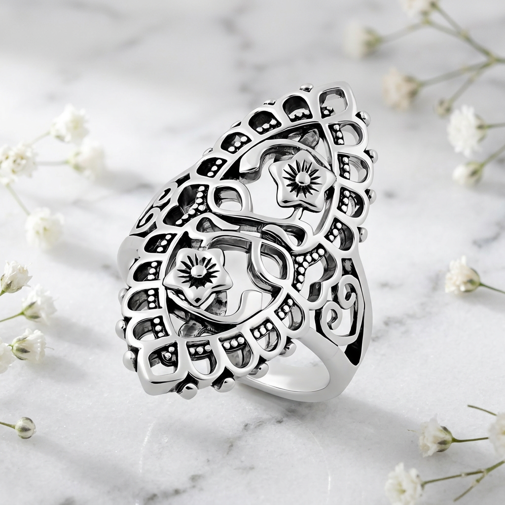 Sterling Silver Oxidized Filigree Shield Twin Flower Statement Ring for Women life1