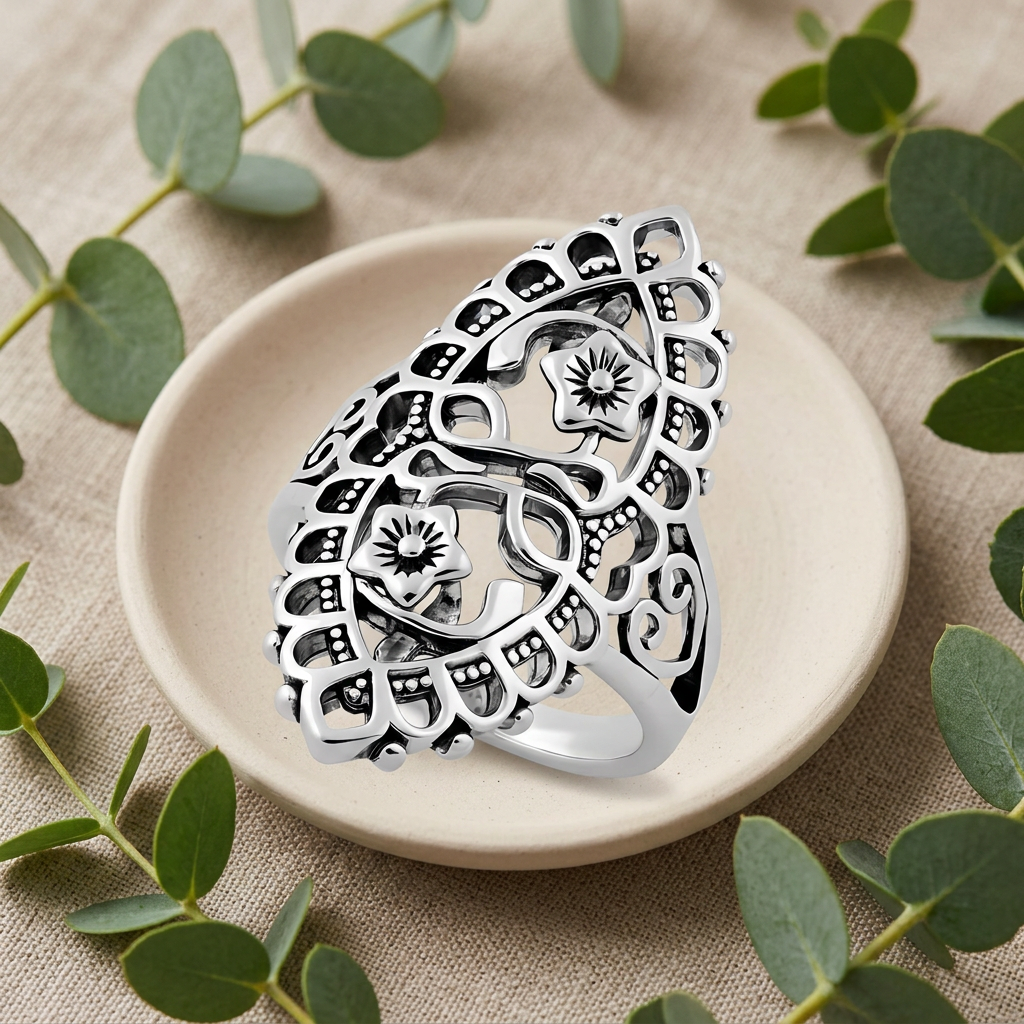 Sterling Silver Oxidized Filigree Shield Twin Flower Statement Ring for Women life2