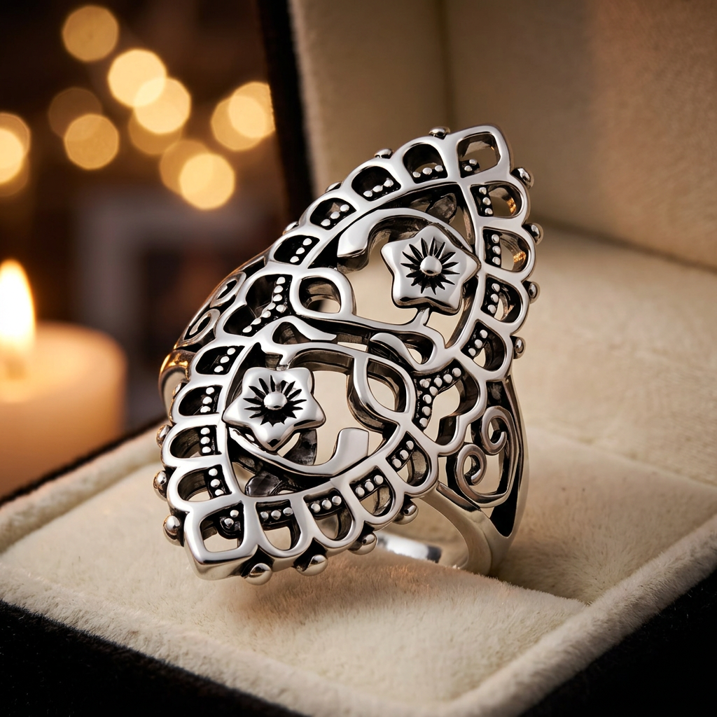 Sterling Silver Oxidized Filigree Shield Twin Flower Statement Ring for Women life3