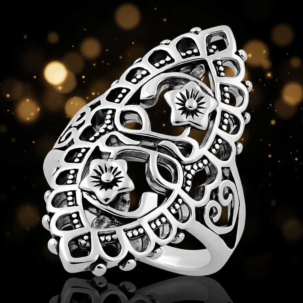 Sterling Silver Oxidized Filigree Shield Twin Flower Statement Ring for Women life4