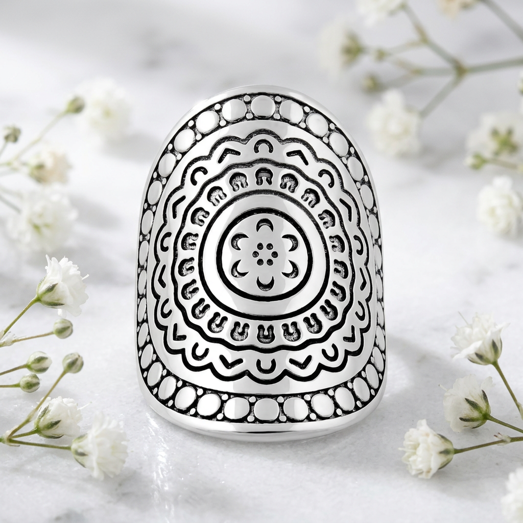 Sterling Silver Mandala Flower Shield Full Finger Statement Ring for Women life1