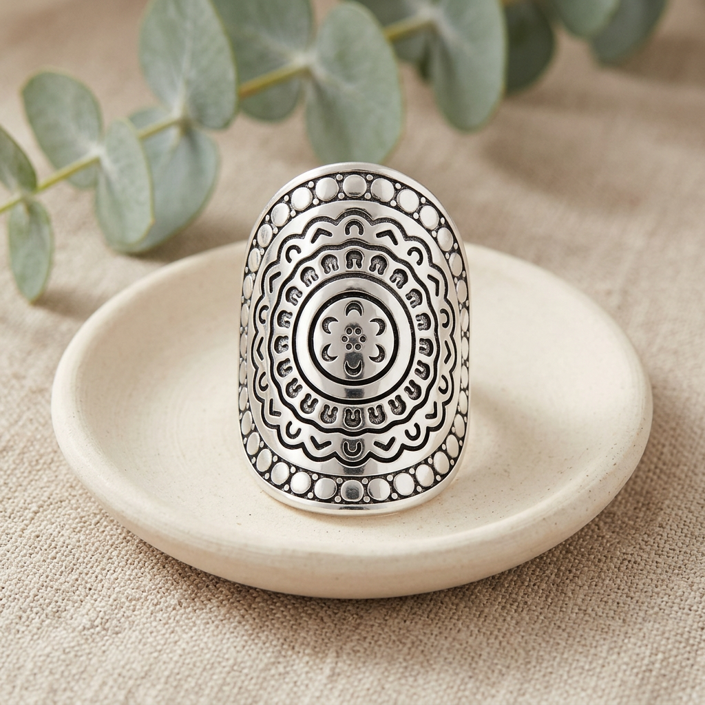 Sterling Silver Mandala Flower Shield Full Finger Statement Ring for Women life2
