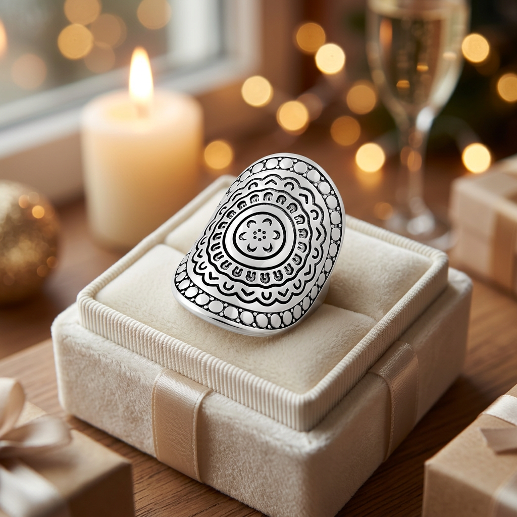 Sterling Silver Mandala Flower Shield Full Finger Statement Ring for Women life3