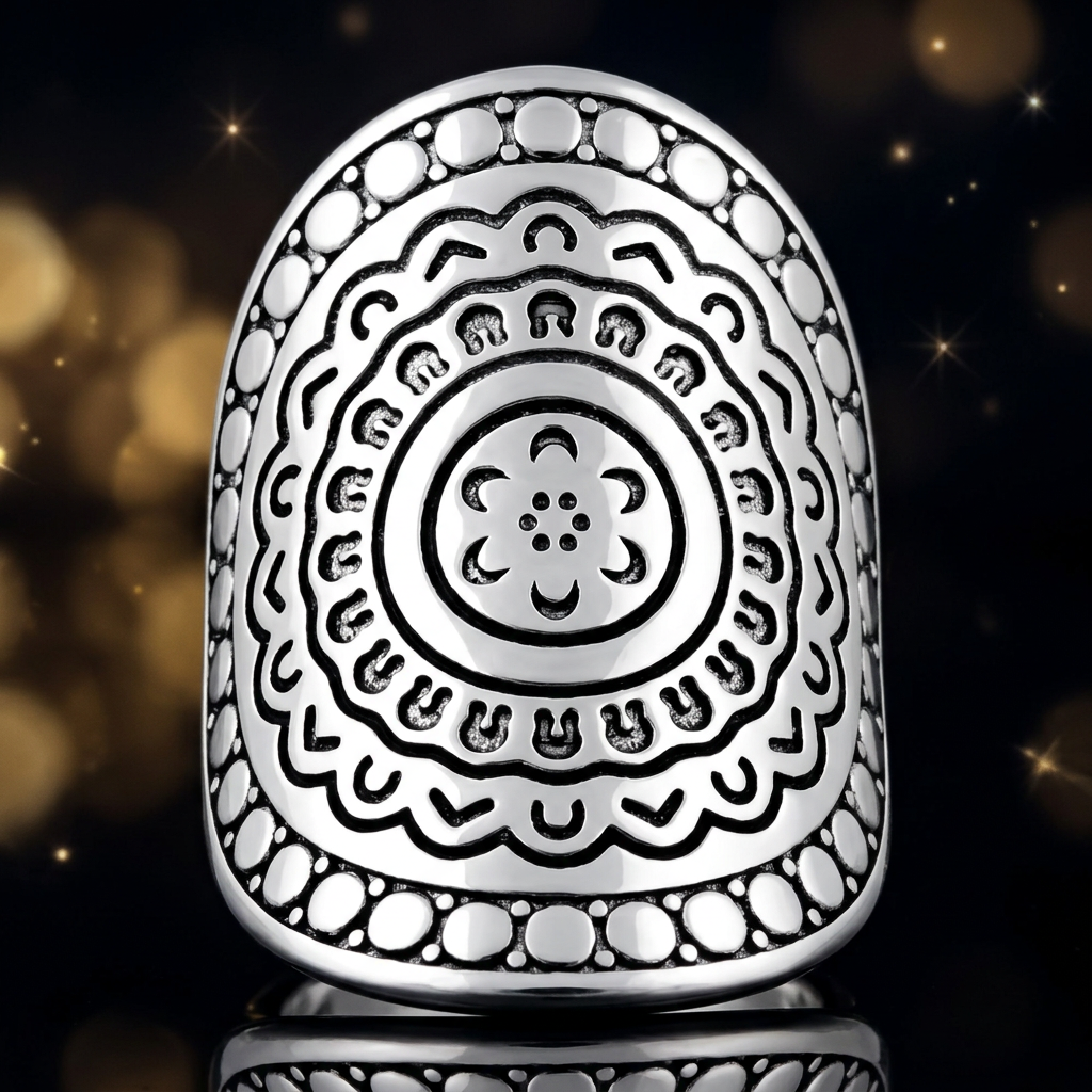 Sterling Silver Mandala Flower Shield Full Finger Statement Ring for Women life4