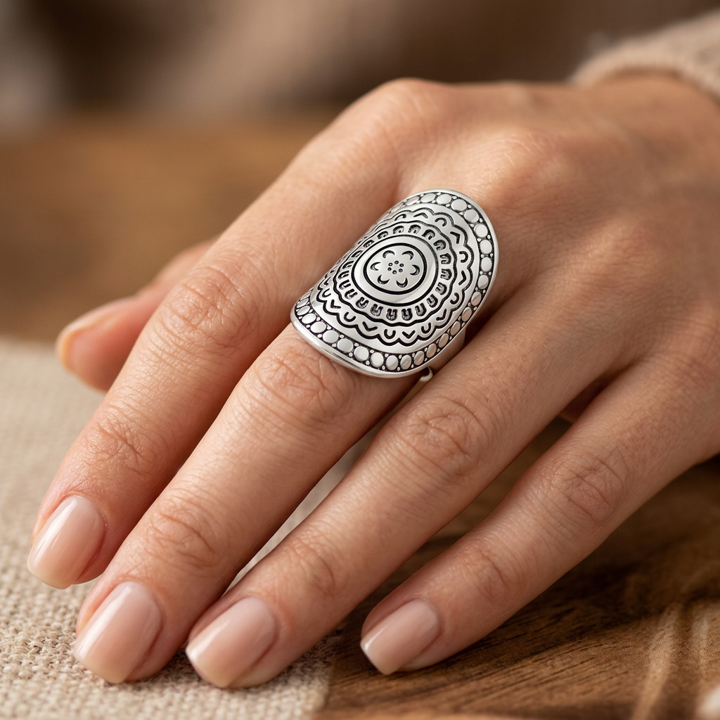 Sterling Silver Mandala Flower Shield Full Finger Statement Ring for Women model