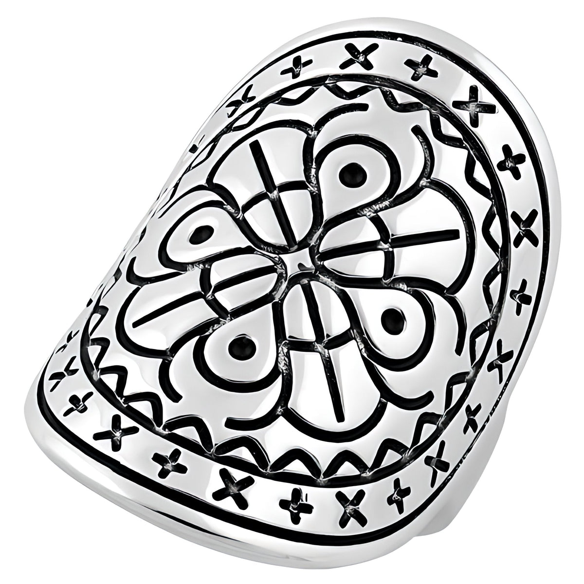 Sterling Silver 30.7mm Bohemian Oxidized Engraved Mandala Shield Statement Ring for Women