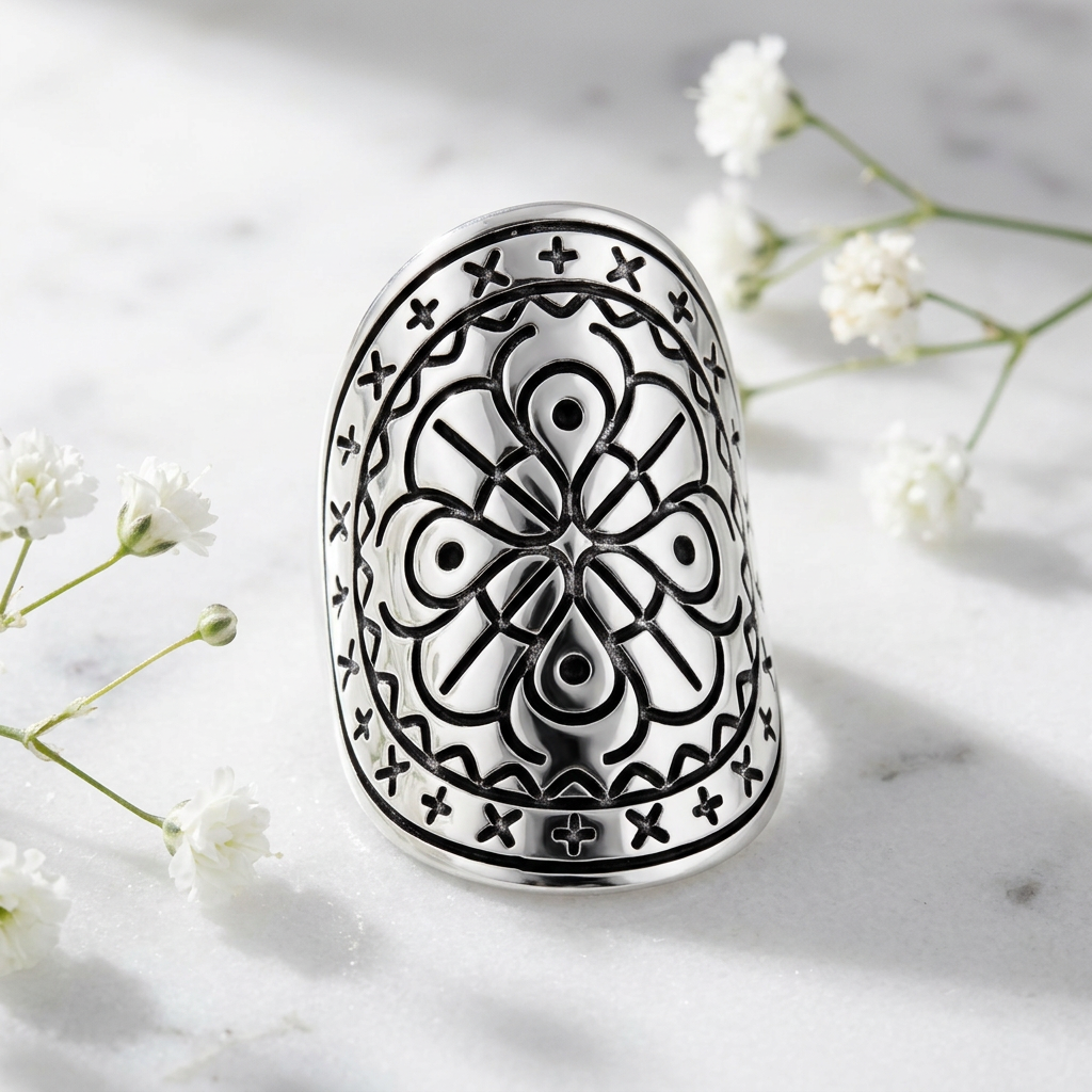 Sterling Silver 30.7mm Bohemian Oxidized Engraved Mandala Shield Statement Ring for Women life1