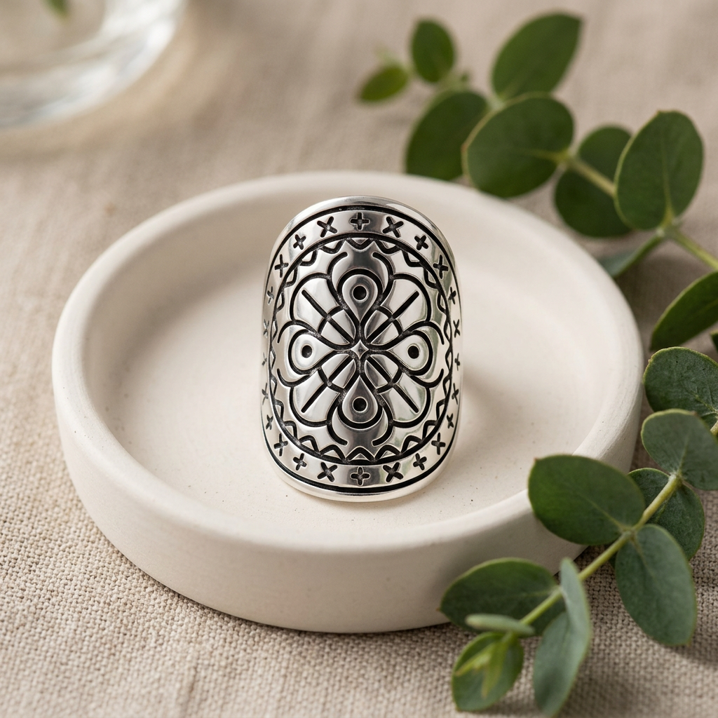 Sterling Silver 30.7mm Bohemian Oxidized Engraved Mandala Shield Statement Ring for Women life2
