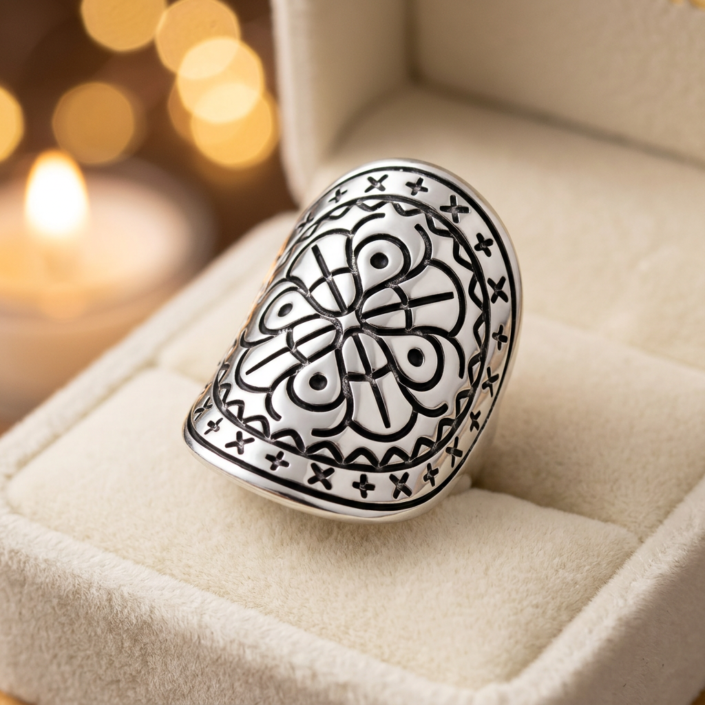 Sterling Silver 30.7mm Bohemian Oxidized Engraved Mandala Shield Statement Ring for Women life3