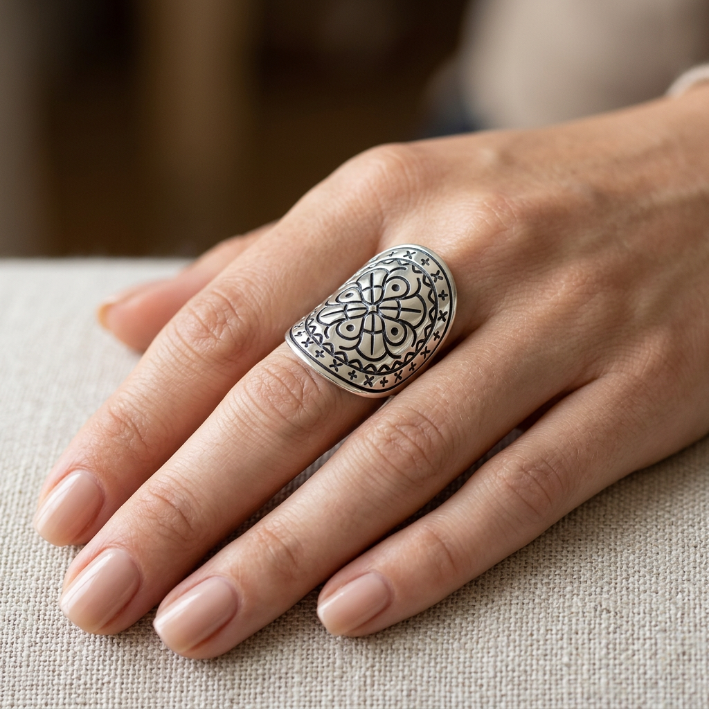 Sterling Silver 30.7mm Bohemian Oxidized Engraved Mandala Shield Statement Ring for Women model