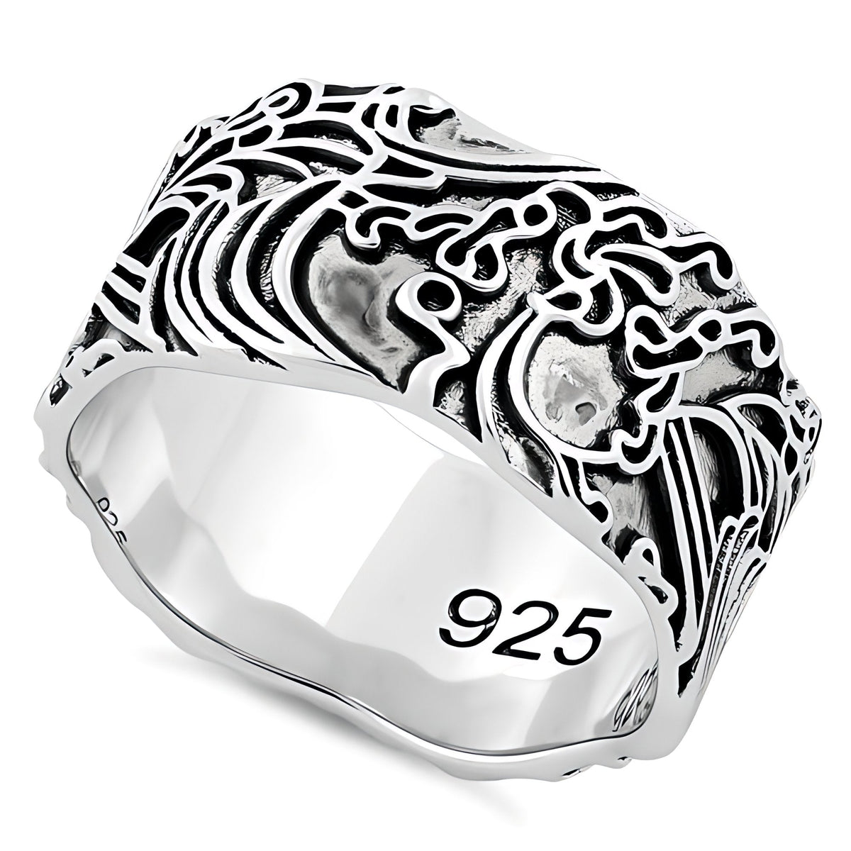 Sterling Silver 9.4mm Wide Oxidized Ocean Wave Carved Band Ring, Unisex