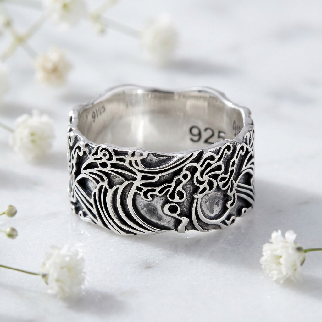 Sterling Silver 9.4mm Wide Oxidized Ocean Wave Carved Band Ring, Unisex life1