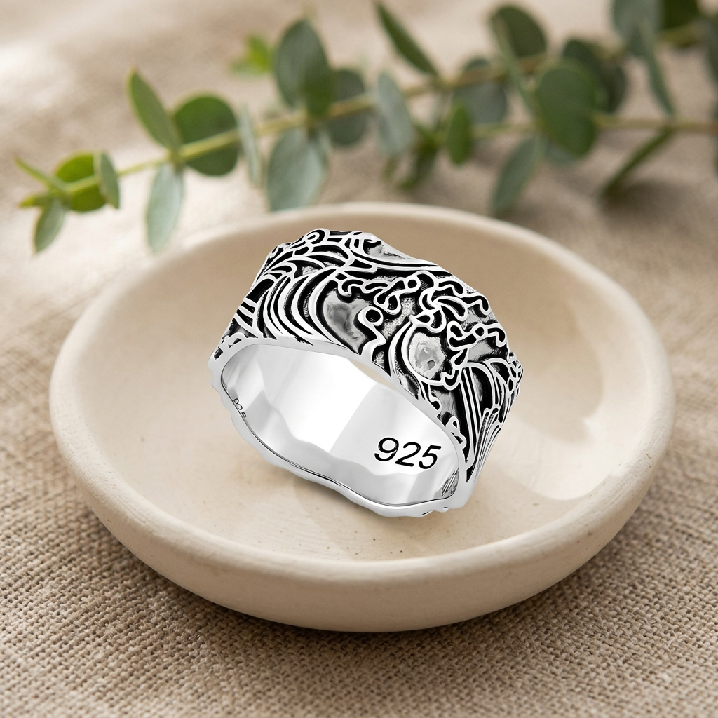 Sterling Silver 9.4mm Wide Oxidized Ocean Wave Carved Band Ring, Unisex life2