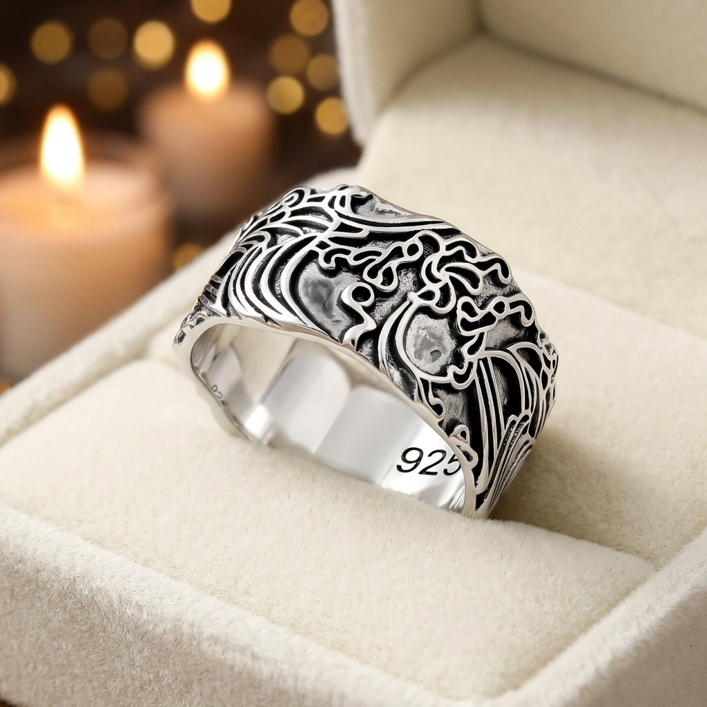 Sterling Silver 9.4mm Wide Oxidized Ocean Wave Carved Band Ring, Unisex life3