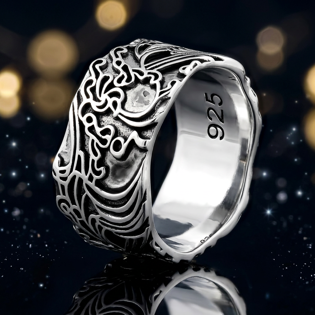 Sterling Silver 9.4mm Wide Oxidized Ocean Wave Carved Band Ring, Unisex life4