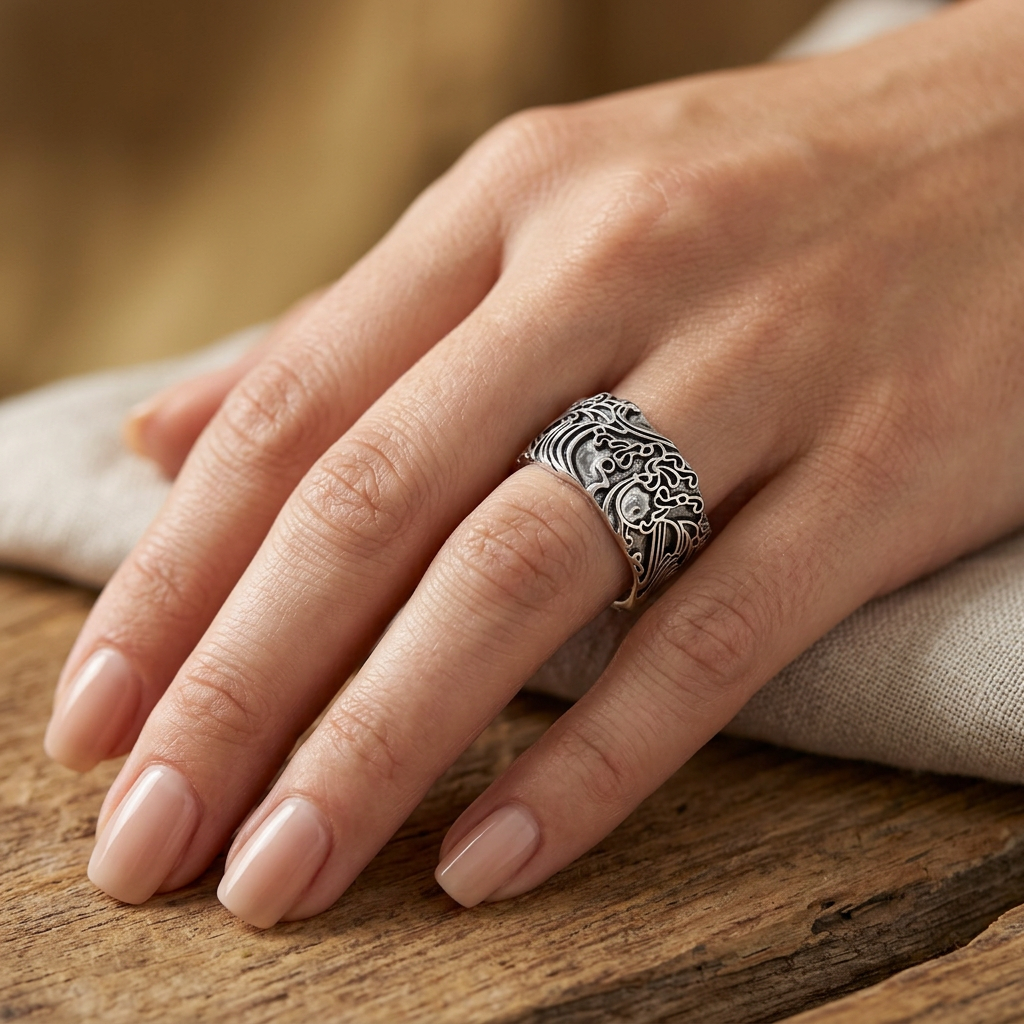 Sterling Silver 9.4mm Wide Oxidized Ocean Wave Carved Band Ring, Unisex model