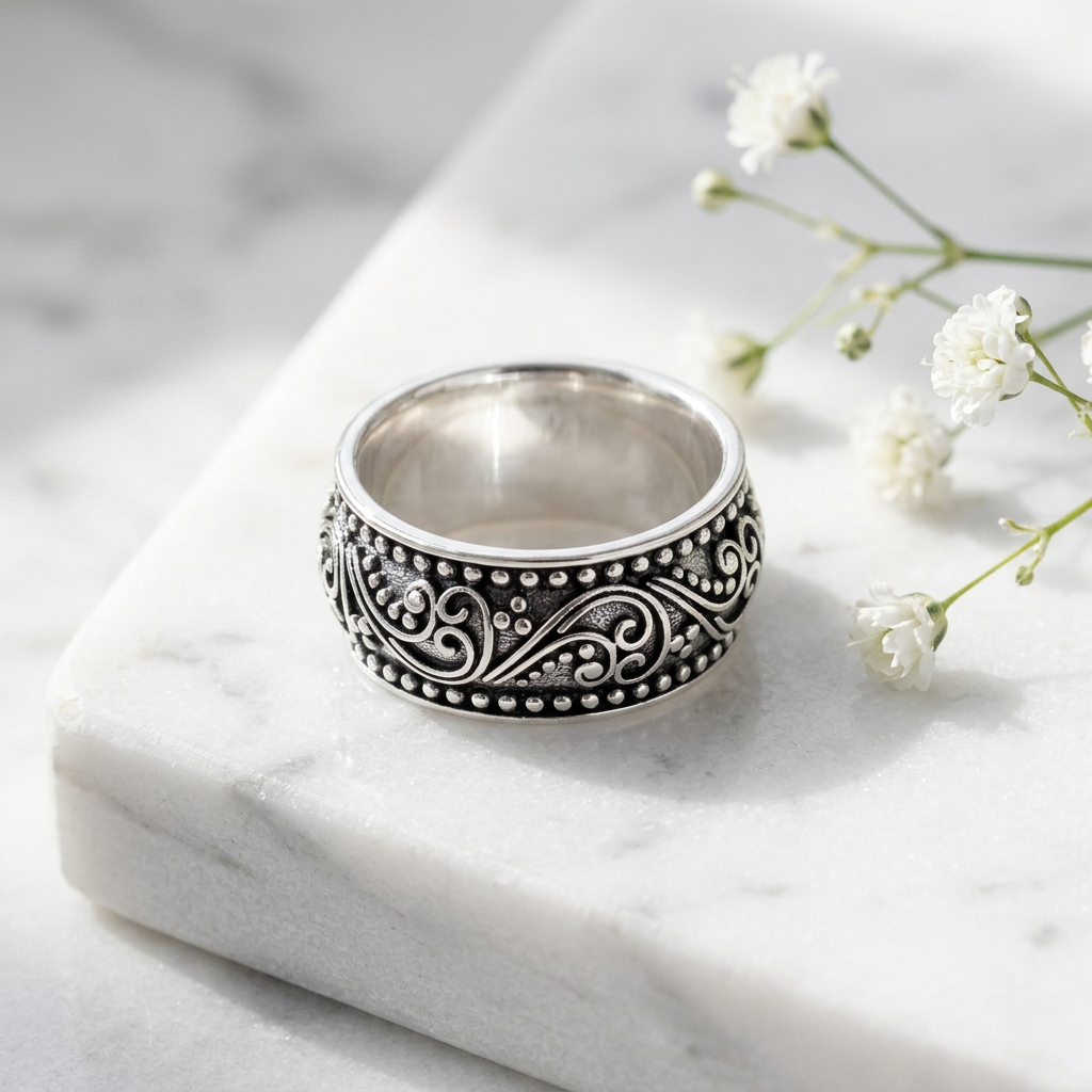 Sterling Silver 9.6mm Oxidized Paisley Scroll Beaded Band Ring for Women life1