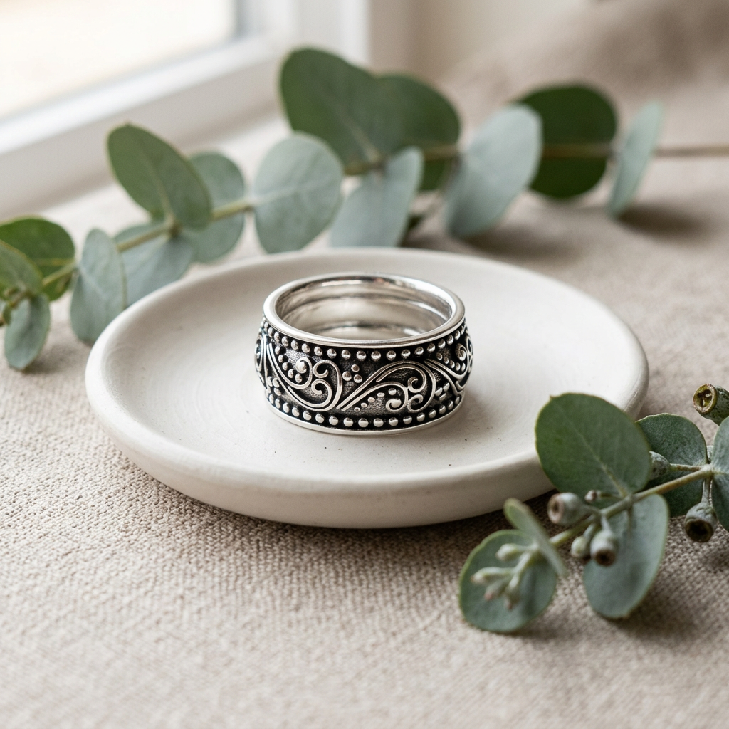 Sterling Silver 9.6mm Oxidized Paisley Scroll Beaded Band Ring for Women life2