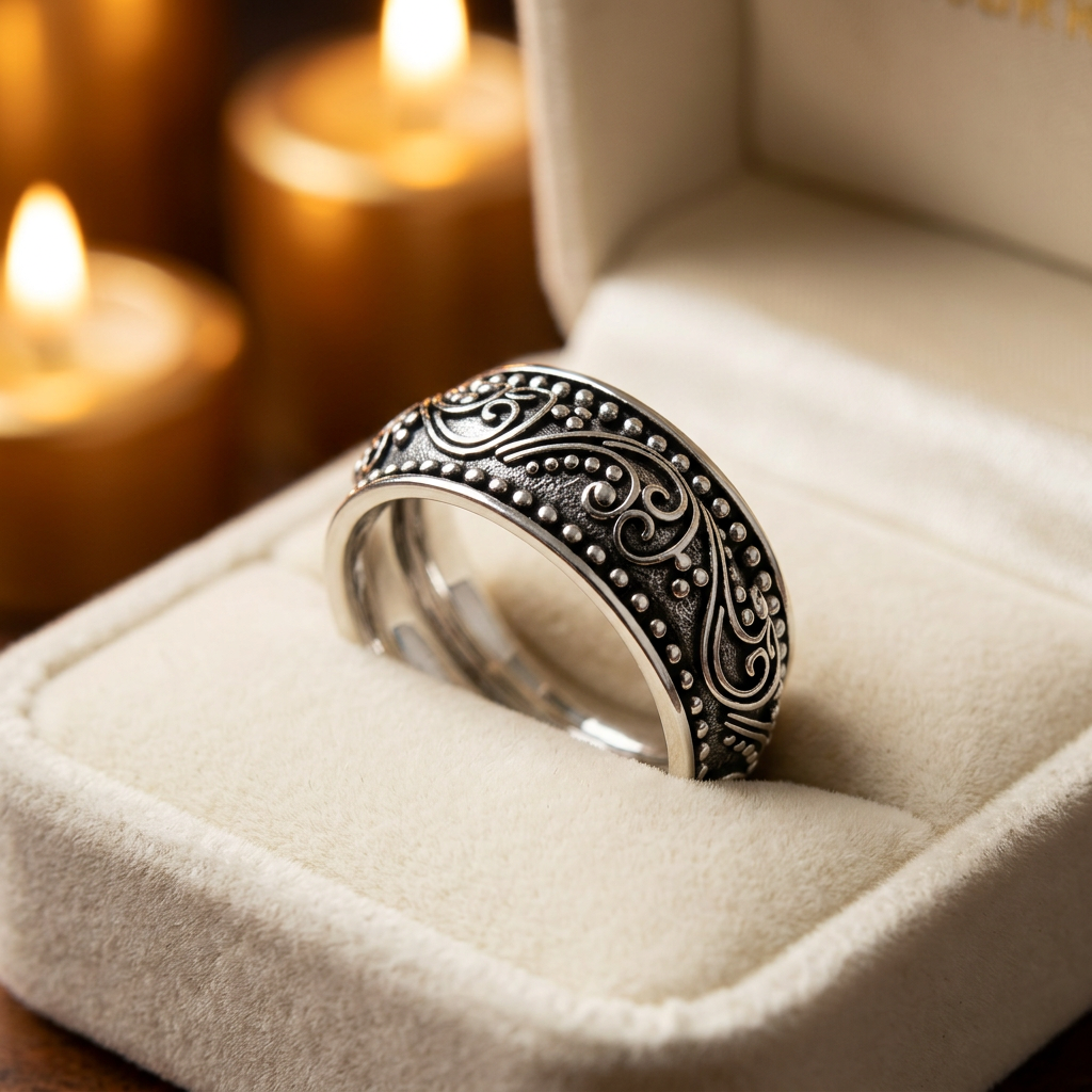 Sterling Silver 9.6mm Oxidized Paisley Scroll Beaded Band Ring for Women life3