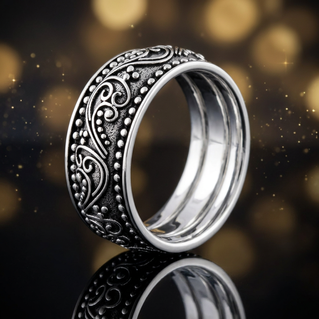 Sterling Silver 9.6mm Oxidized Paisley Scroll Beaded Band Ring for Women life4