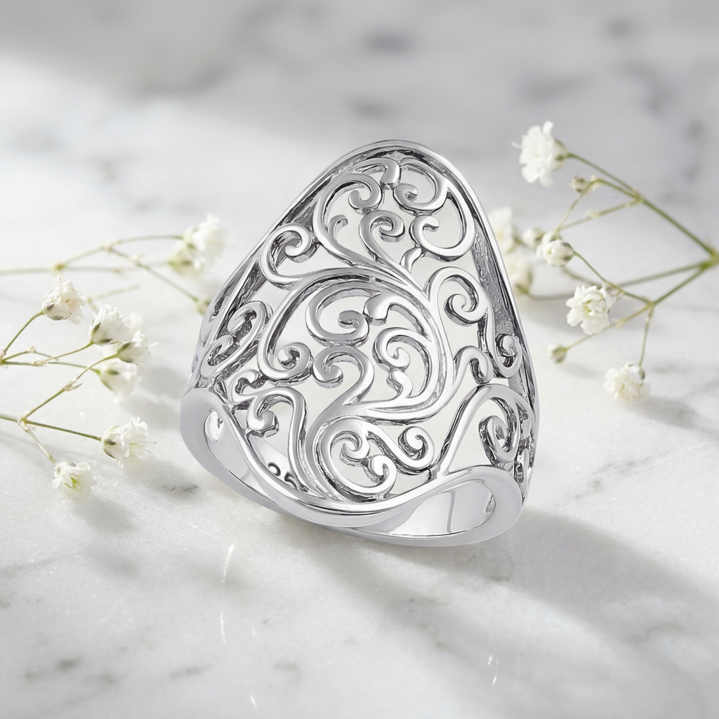 Sterling Silver Wide Swirl Filigree Statement Ring for Women life1