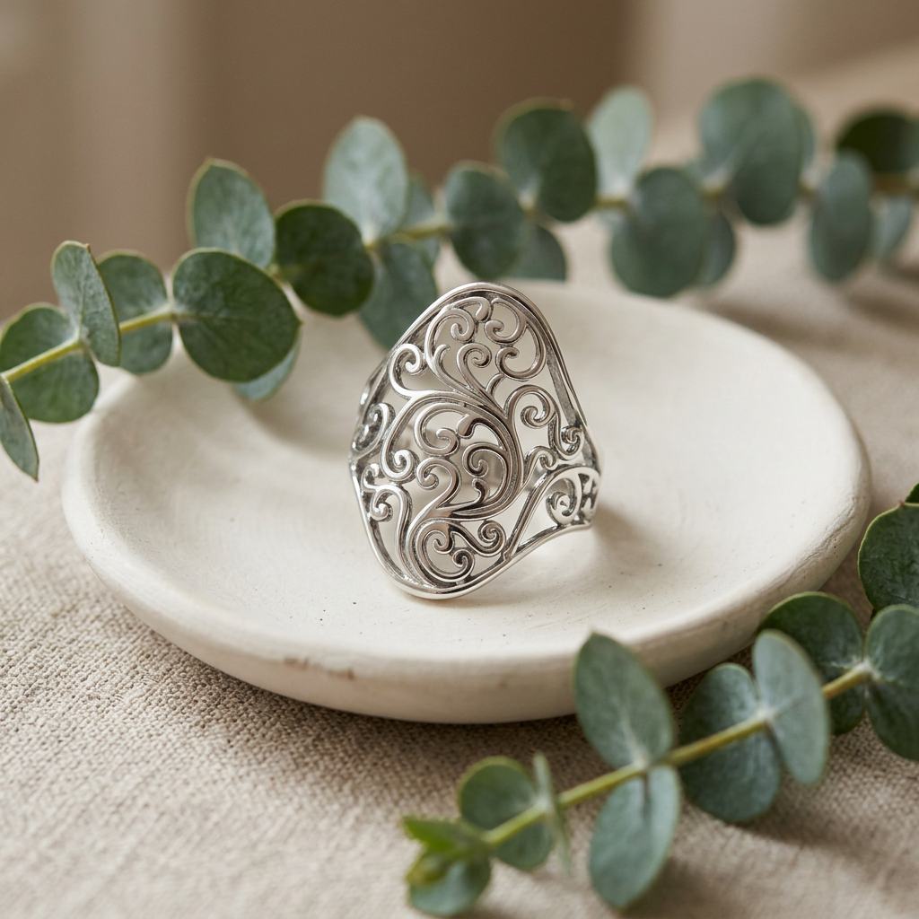 Sterling Silver Wide Swirl Filigree Statement Ring for Women life2