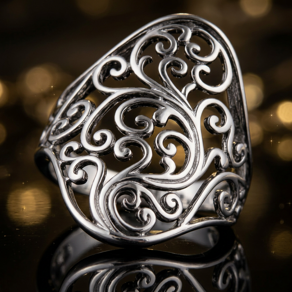 Sterling Silver Wide Swirl Filigree Statement Ring for Women life4
