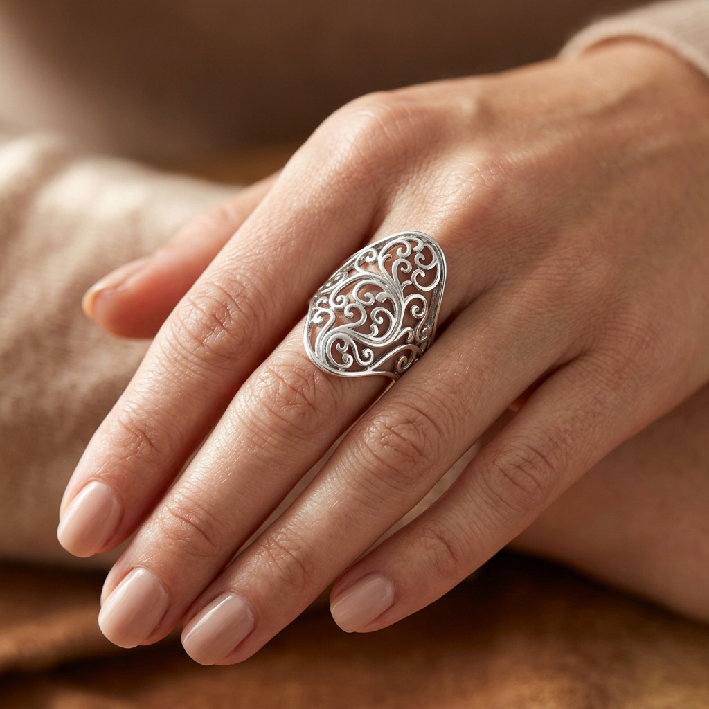 Sterling Silver Wide Swirl Filigree Statement Ring for Women model