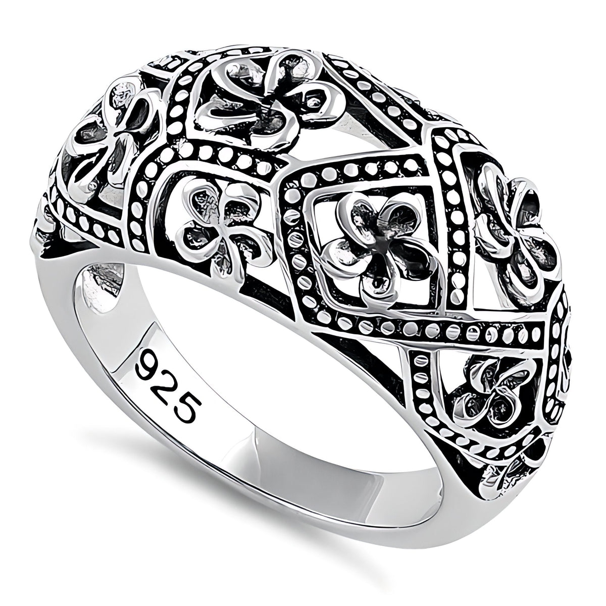 Sterling Silver 7mm Oxidized Plumeria Flower Beaded Lattice Dome Ring for Women