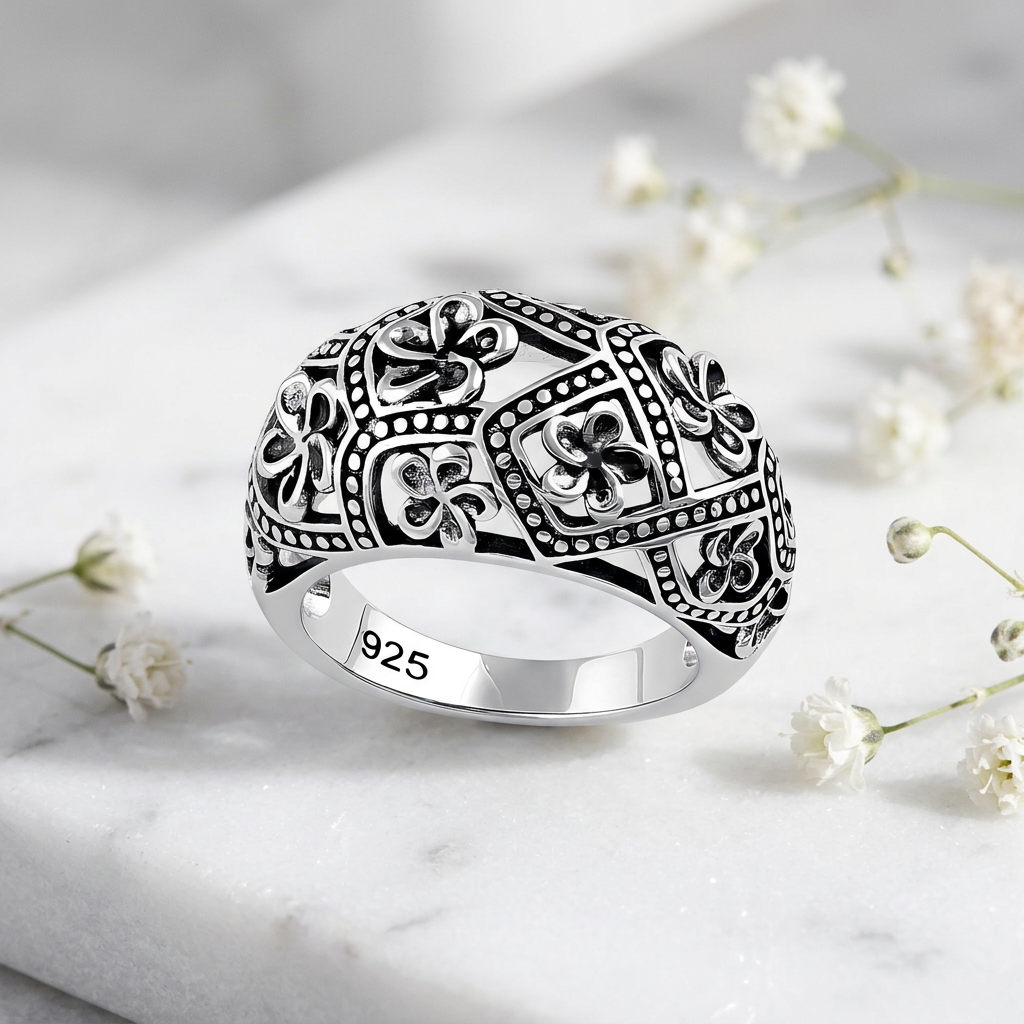Sterling Silver 7mm Oxidized Plumeria Flower Beaded Lattice Dome Ring for Women life1