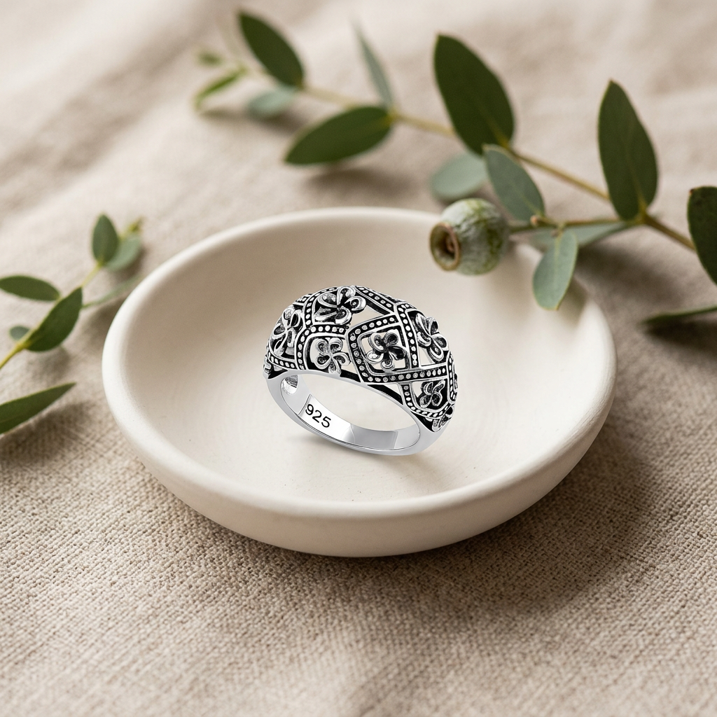 Sterling Silver 7mm Oxidized Plumeria Flower Beaded Lattice Dome Ring for Women life2
