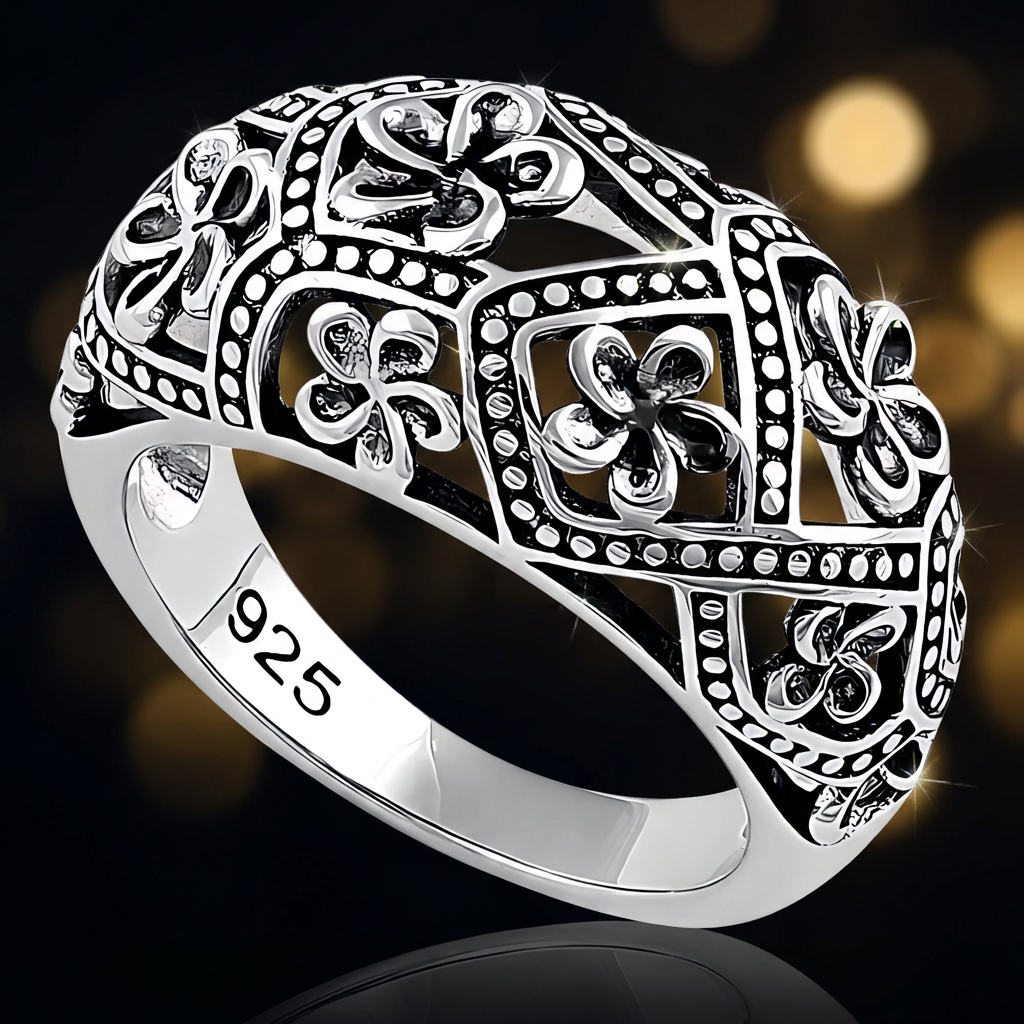 Sterling Silver 7mm Oxidized Plumeria Flower Beaded Lattice Dome Ring for Women life4