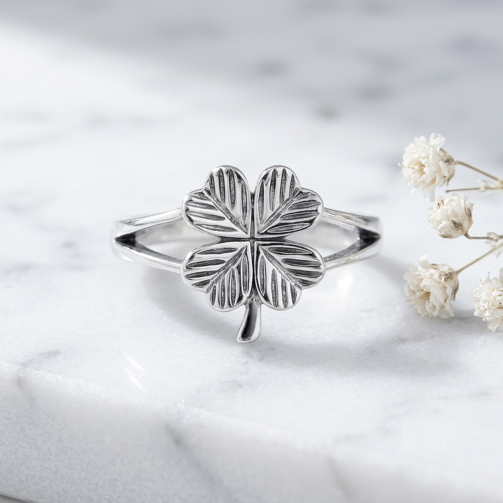 Sterling Silver Four Leaf Clover Split Band Lucky Ring for Women life1
