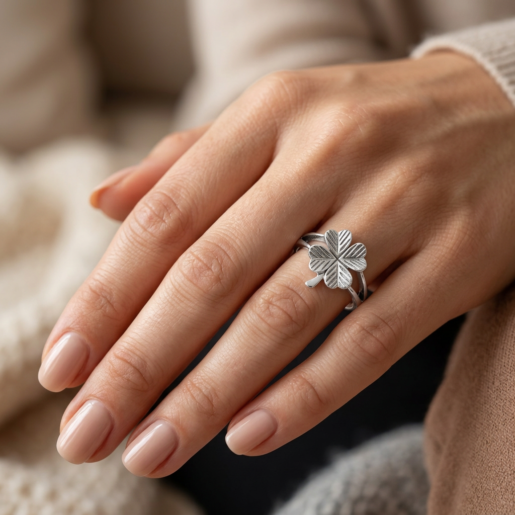 Sterling Silver Four Leaf Clover Split Band Lucky Ring for Women model