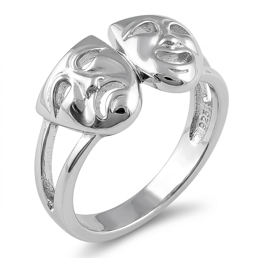 Sterling Silver Comedy and Tragedy Theater Masks Ring, Unisex