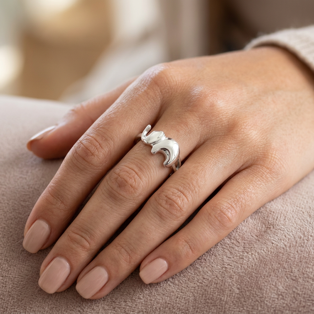Sterling Silver 3.8mm Polished Trunk Up Elephant Good Luck Ring for Women model