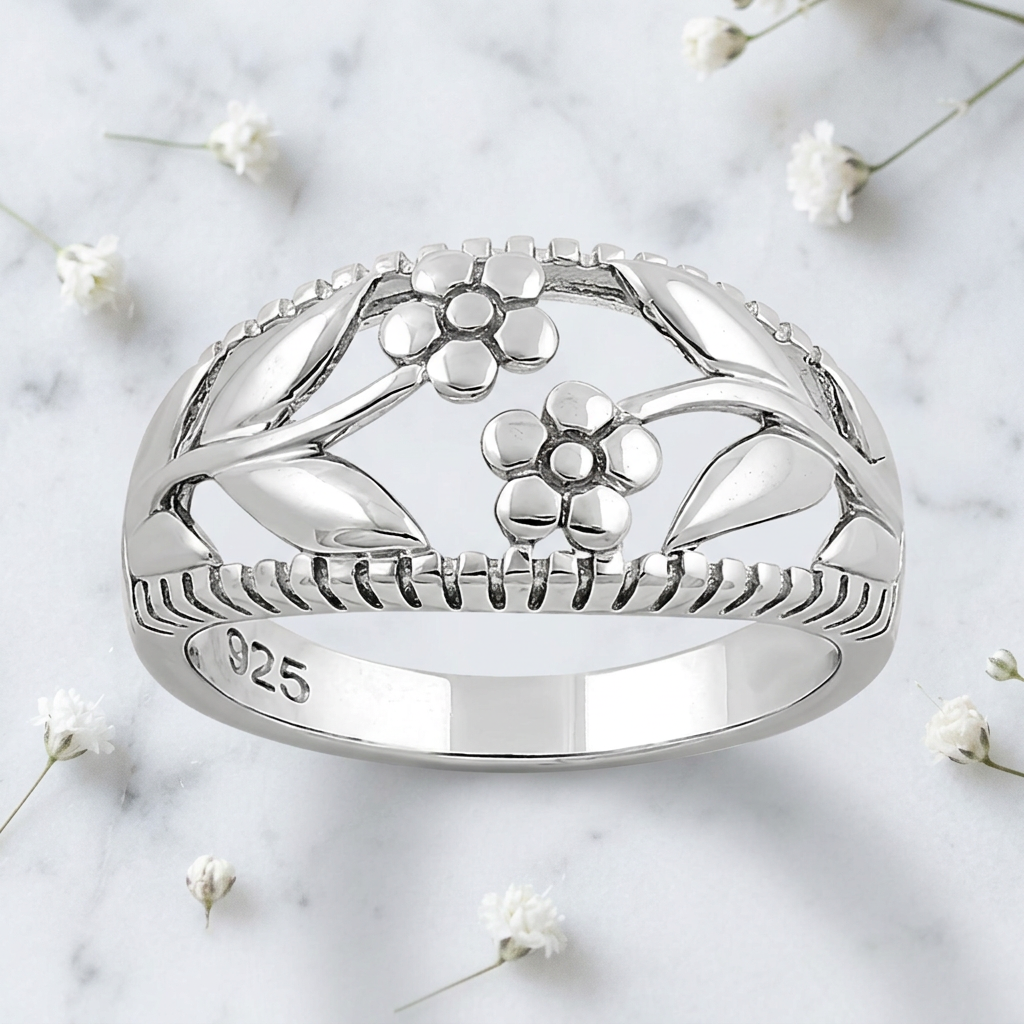 Sterling Silver 6.1mm Twin Daisy Flower and Leaf Openwork Ring for Women life1