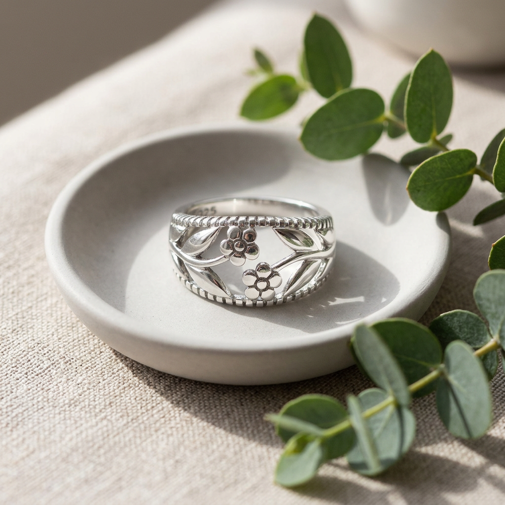 Sterling Silver 6.1mm Twin Daisy Flower and Leaf Openwork Ring for Women life2