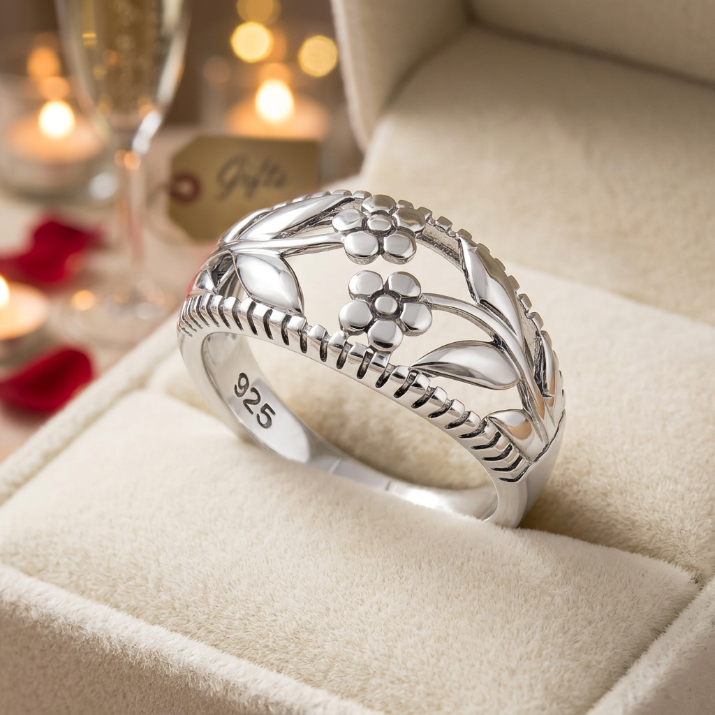 Sterling Silver 6.1mm Twin Daisy Flower and Leaf Openwork Ring for Women life3