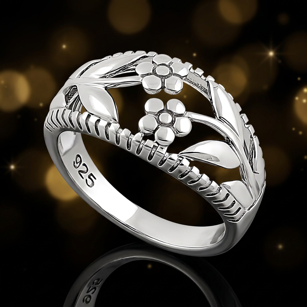 Sterling Silver 6.1mm Twin Daisy Flower and Leaf Openwork Ring for Women life4
