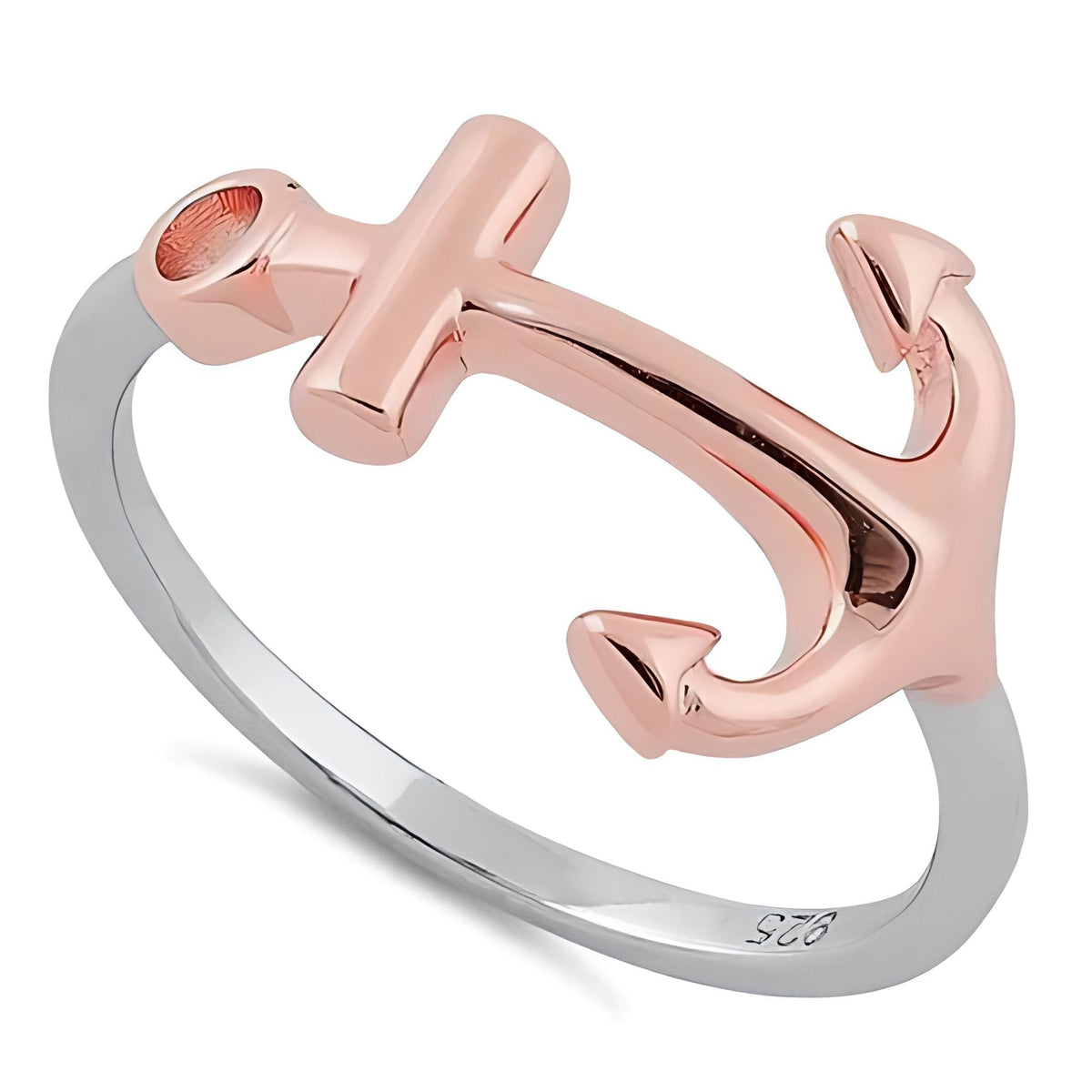 Two Tone Rose Gold Plated Sterling Silver Sideways Anchor Ring for Women