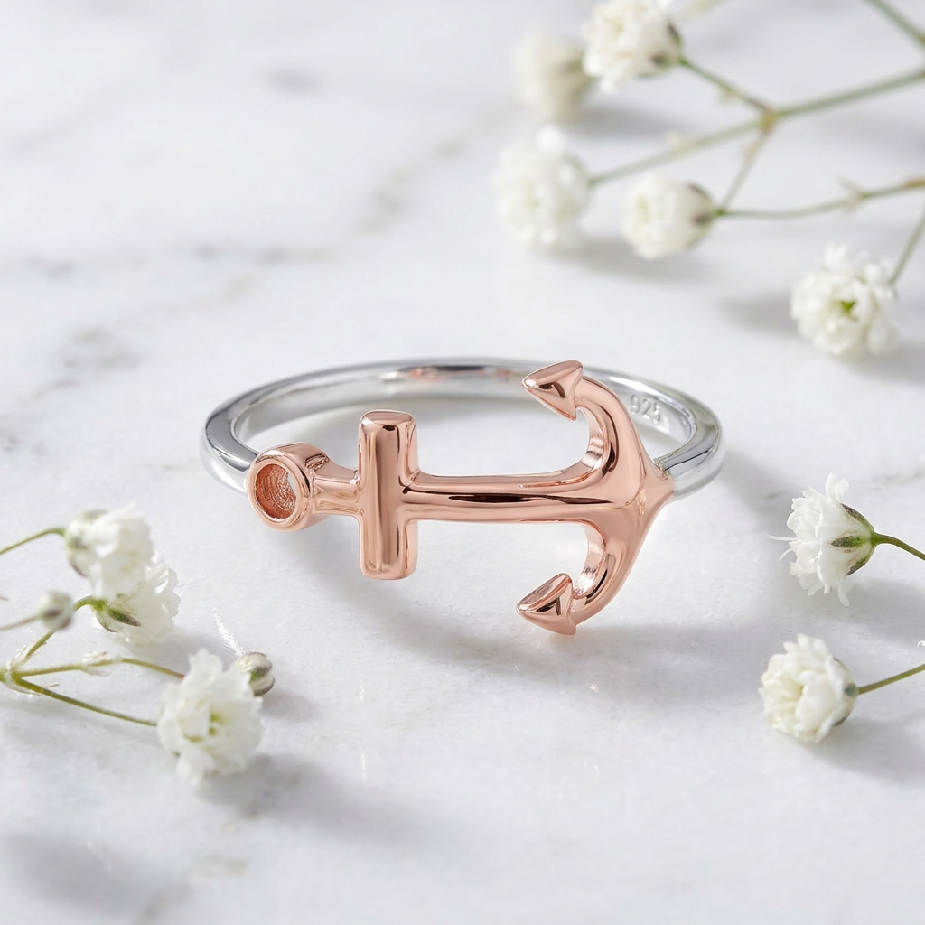 Two Tone Rose Gold Plated Sterling Silver Sideways Anchor Ring for Women life1