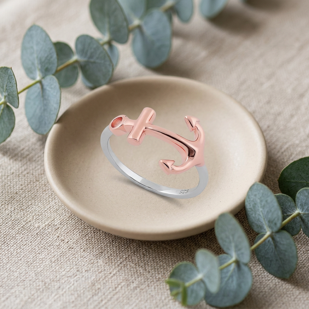 Two Tone Rose Gold Plated Sterling Silver Sideways Anchor Ring for Women life2