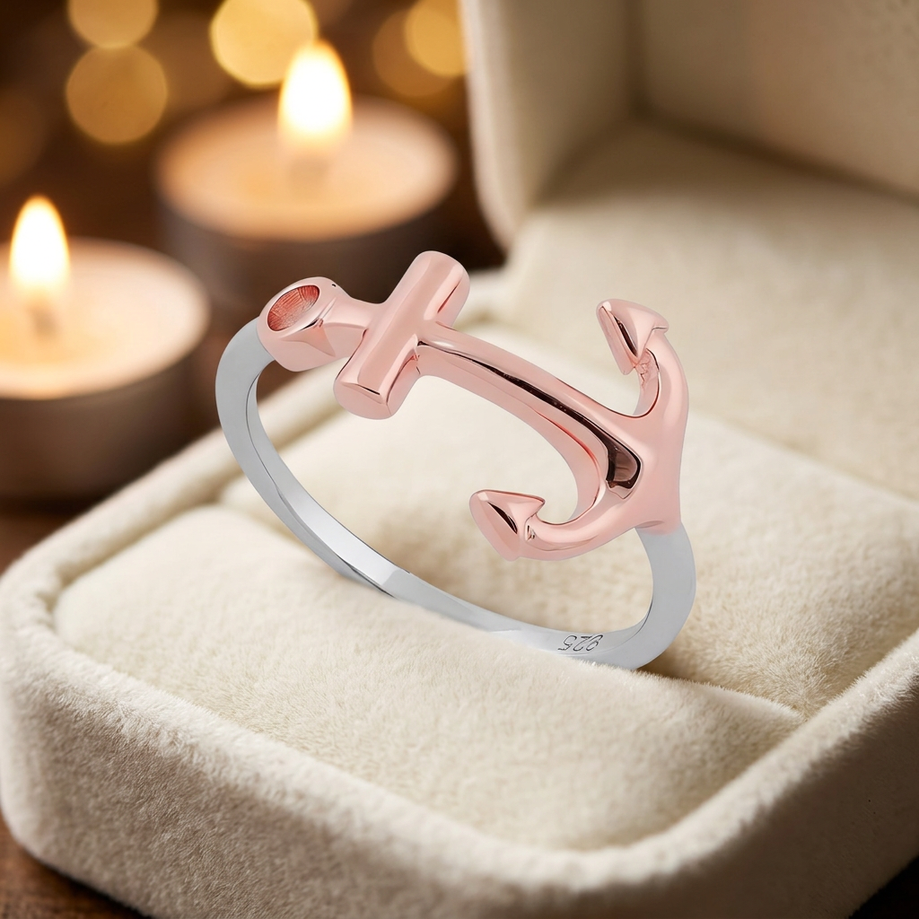 Two Tone Rose Gold Plated Sterling Silver Sideways Anchor Ring for Women life3
